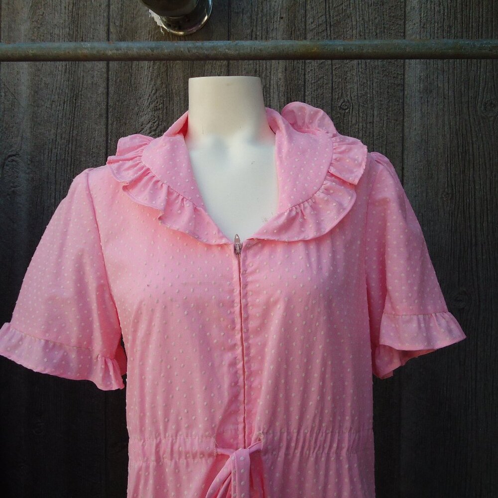 Vintage NOS Pink White Embossed Swiss Polka Dot Dress Talon